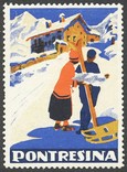 Pontresina Paar mit Ski Schlitten